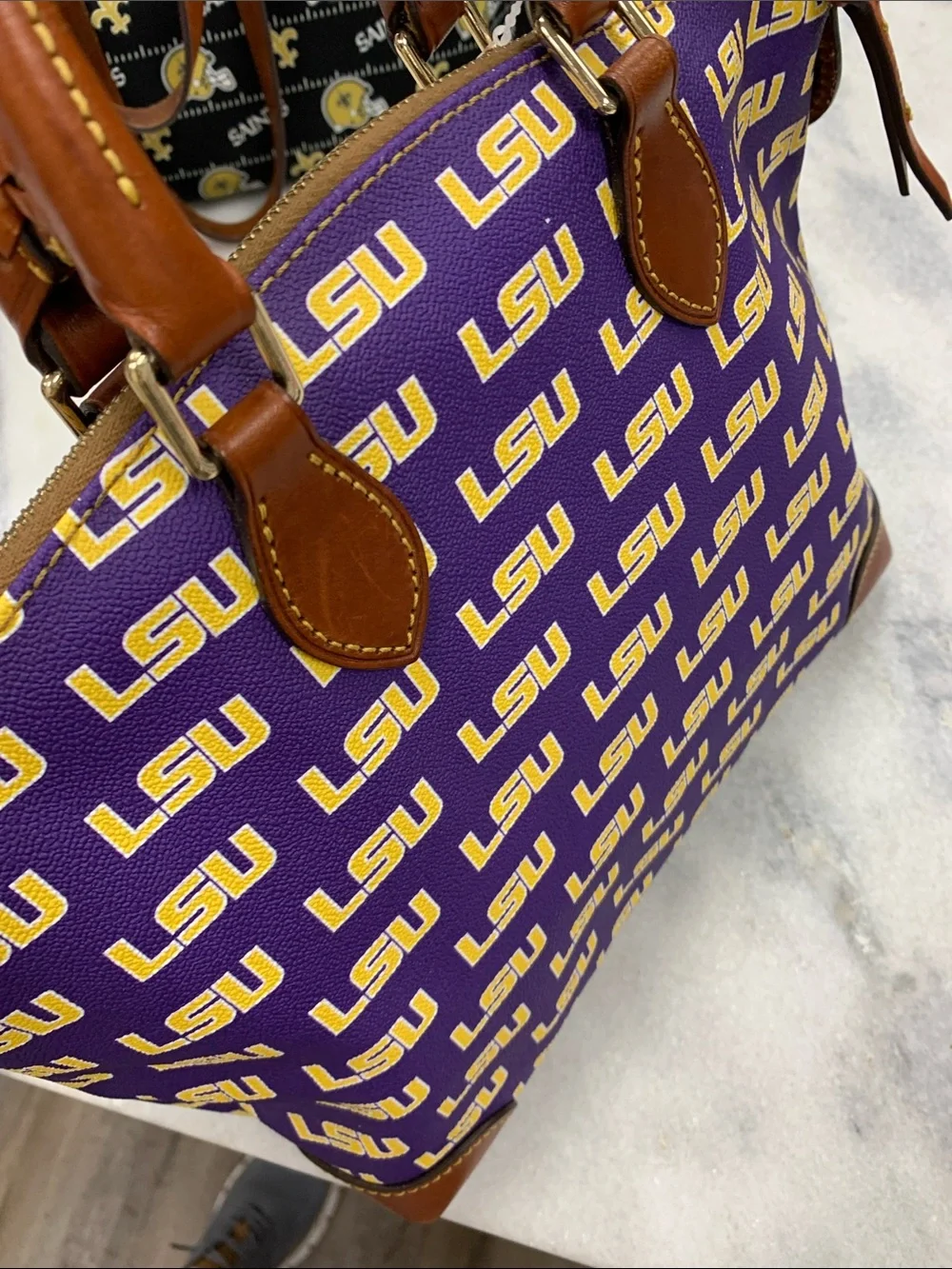 Dooney & Bourke Purple and Yellow LSU Logo Tote with Brown Leather Trim